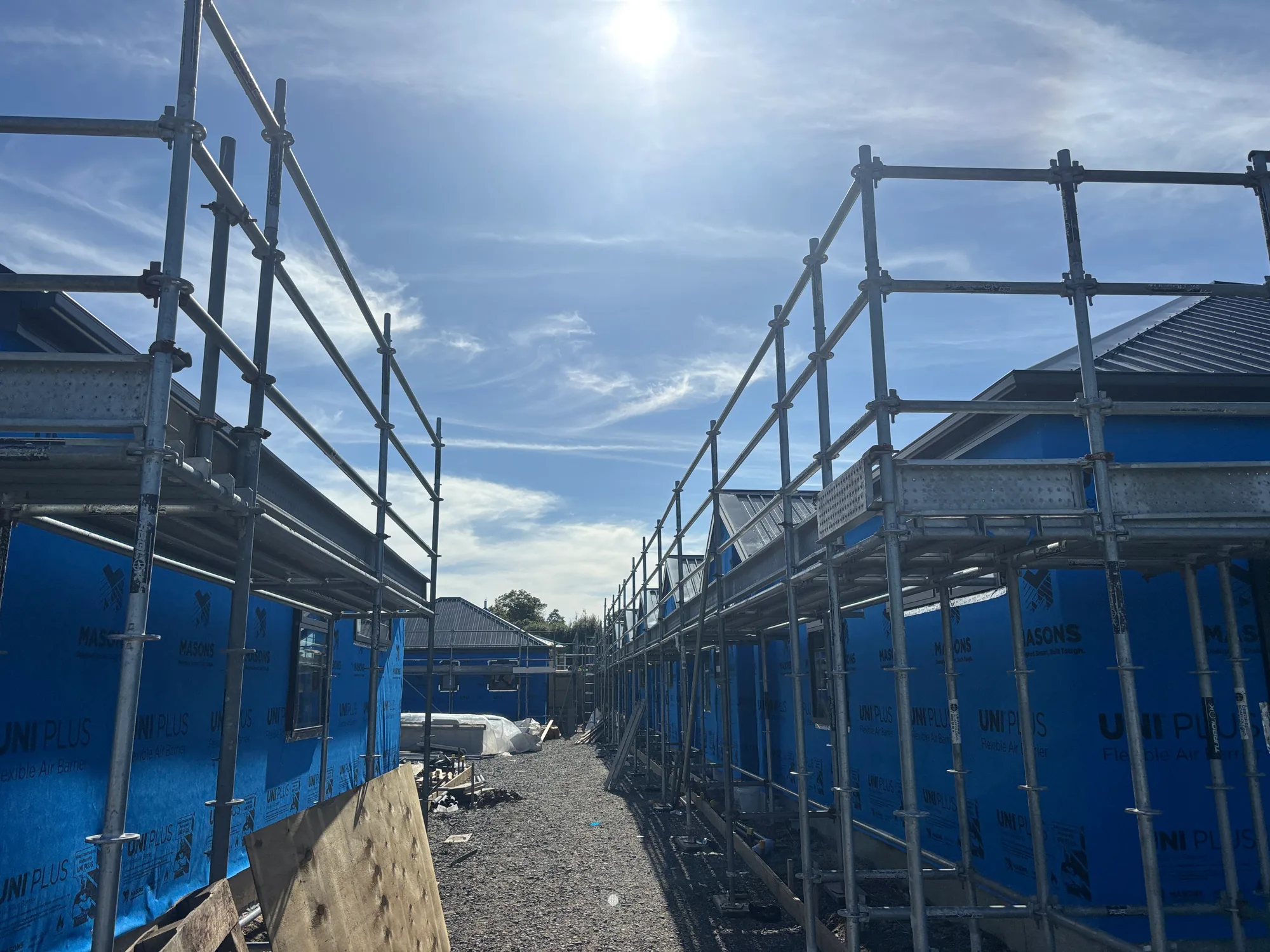 Scaffolding and building wrap on a new residential build in Christchurch