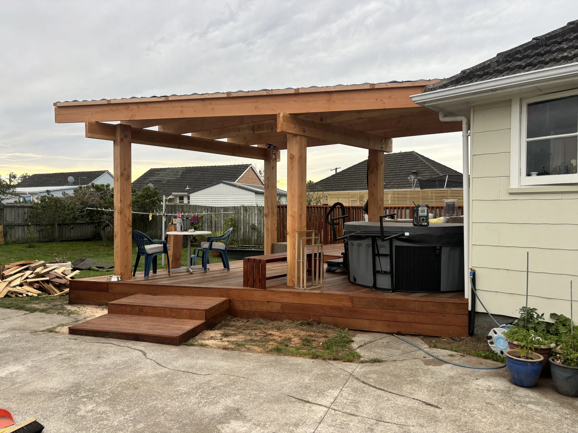 Covered pergola deck with hot tub built in Christchurch