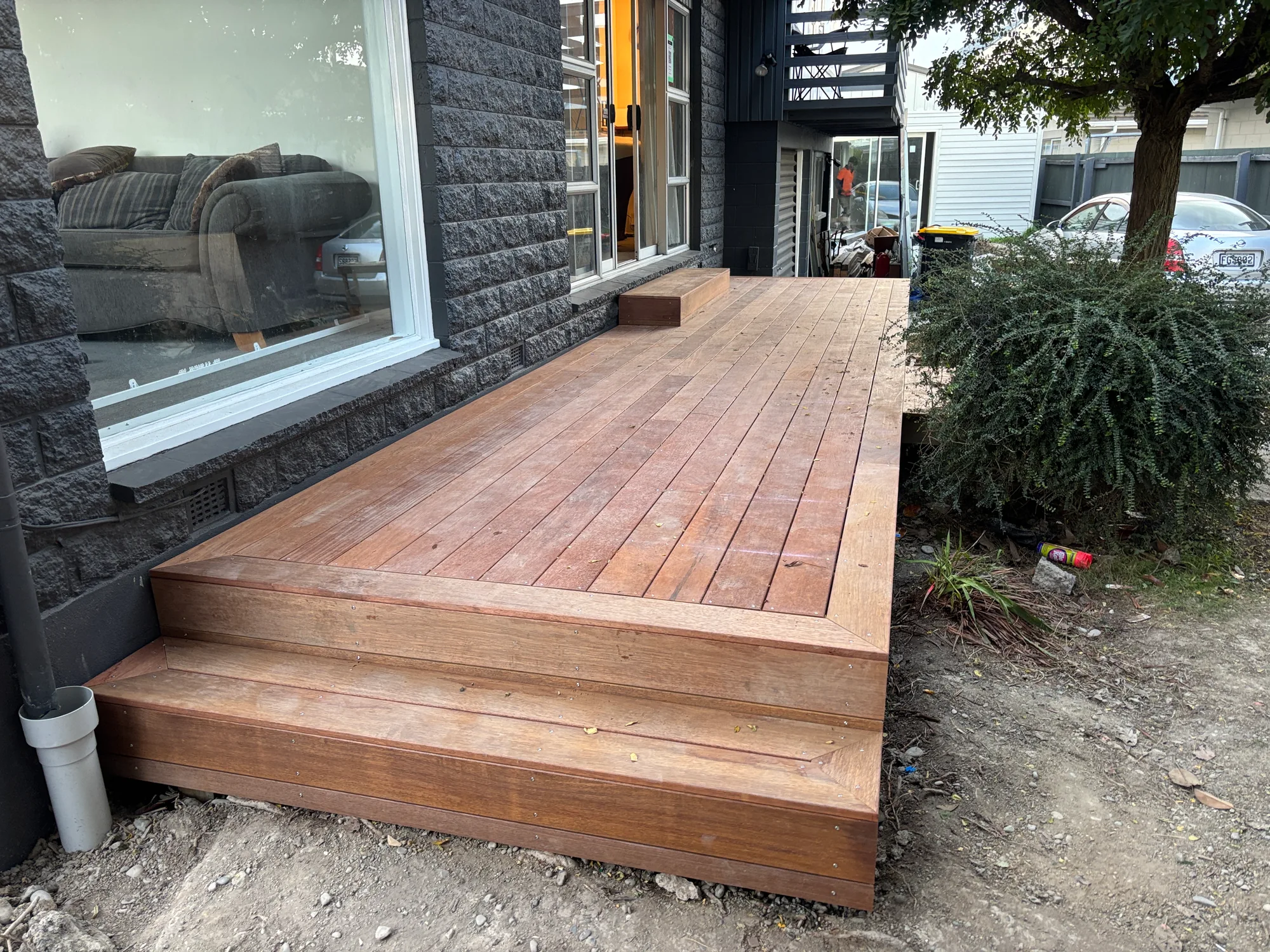 New timber deck and steps built beside a Christchurch townhouse