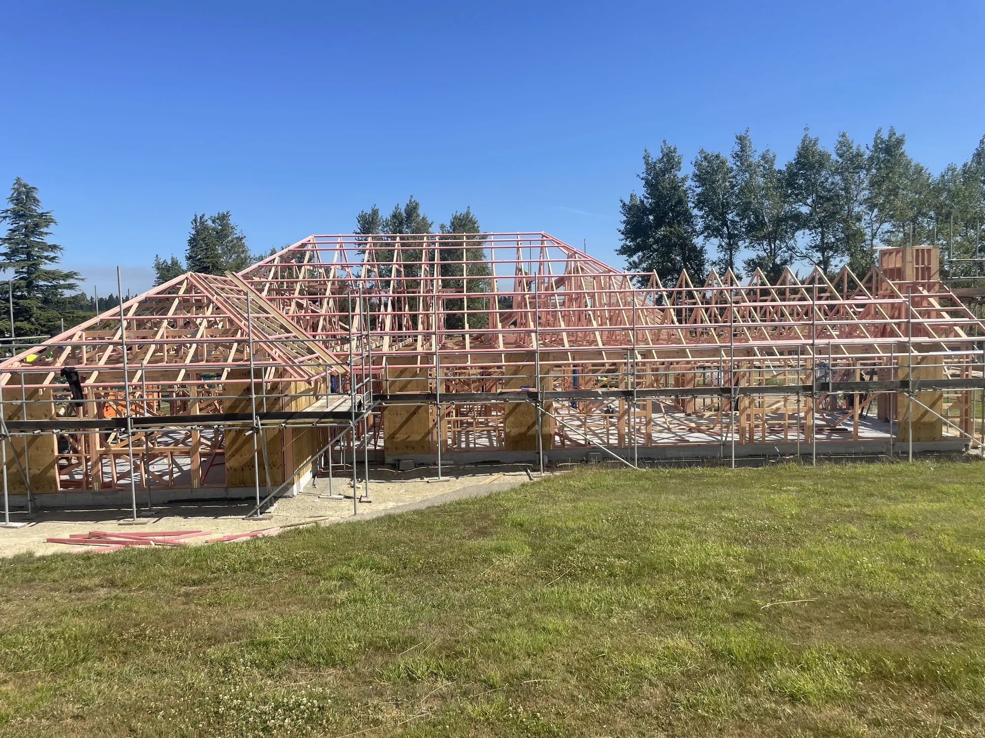 Roof framing underway on a new residential build in Christchurch