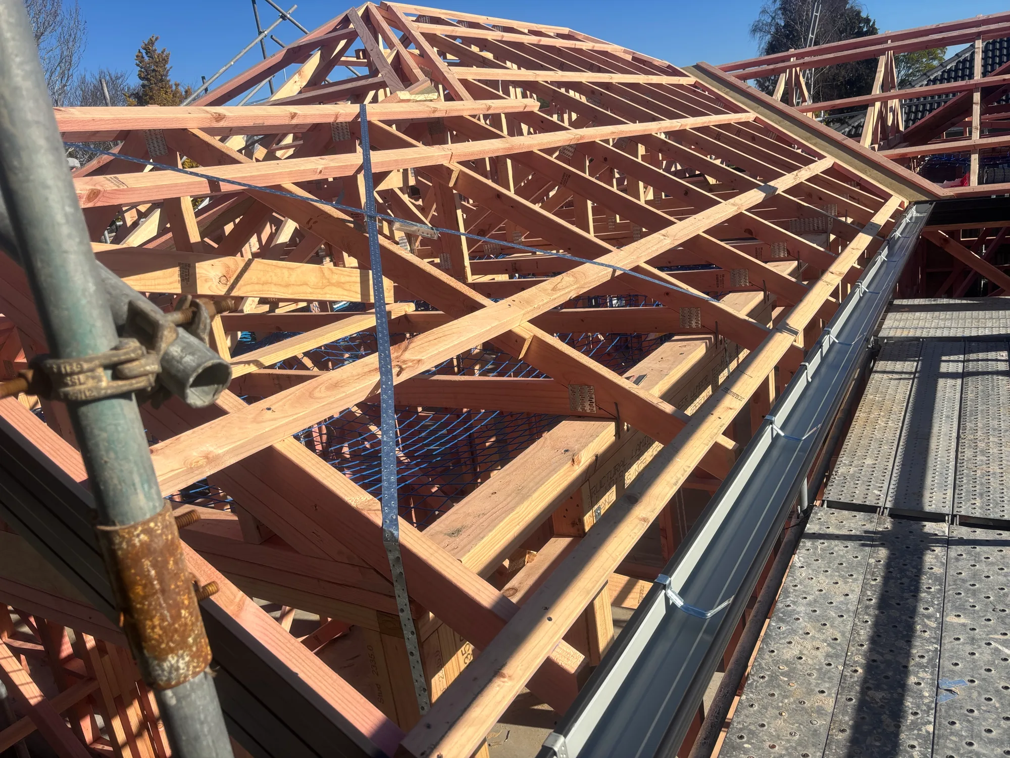 Close-up of roof truss framing on a Christchurch new build