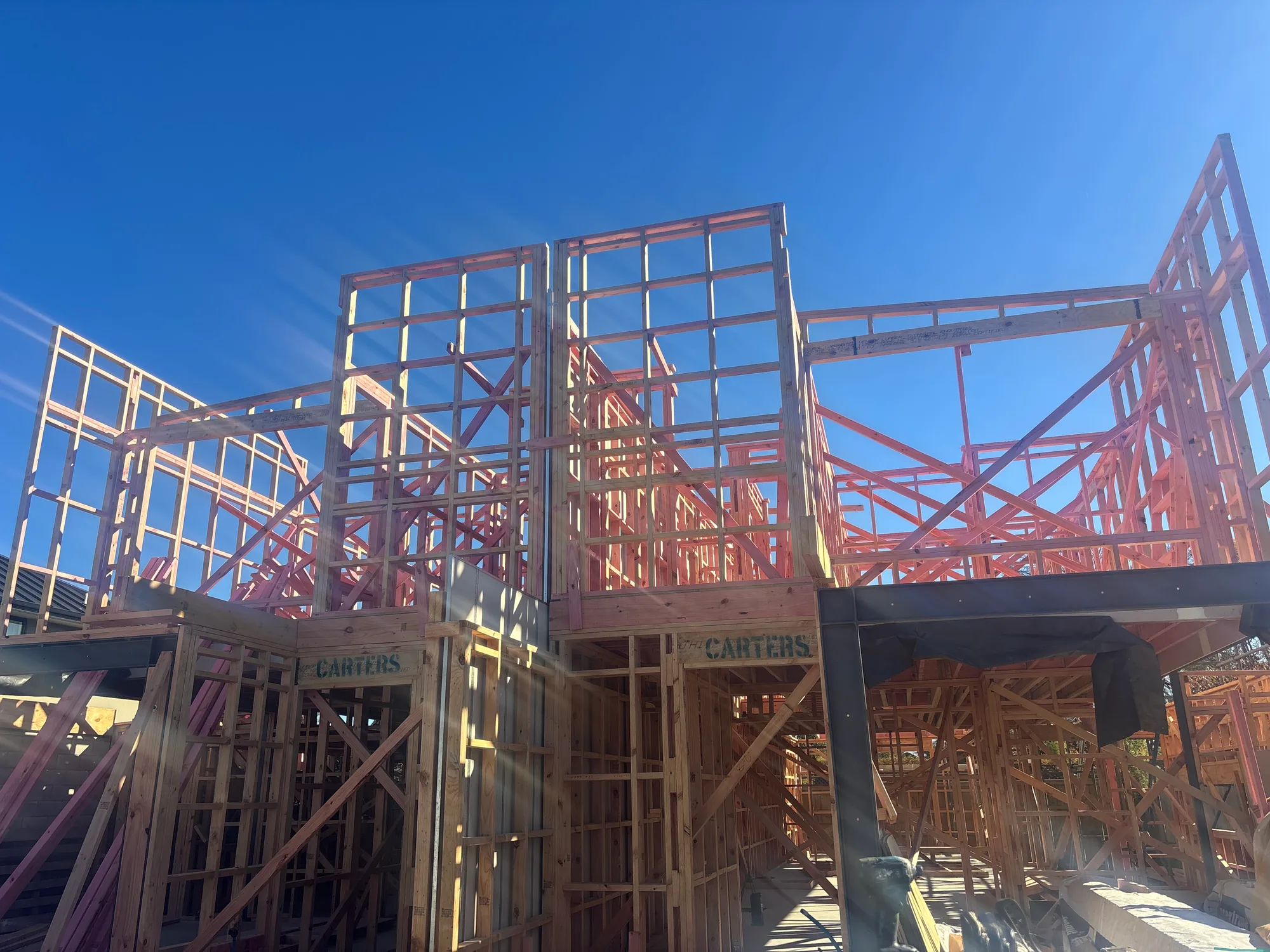 Two-storey wall framing taking shape on a Christchurch new build