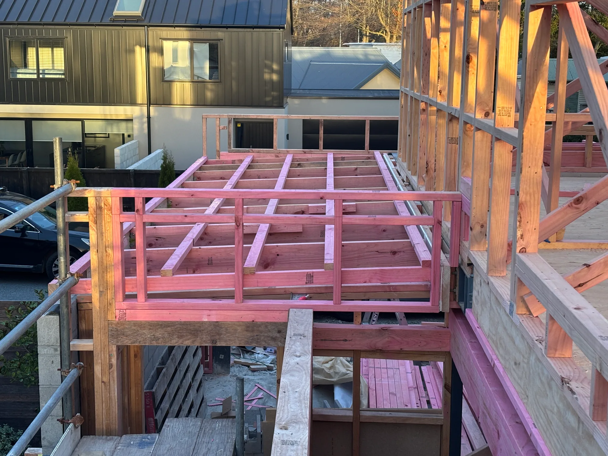 Cantilevered floor framing on a Christchurch renovation project