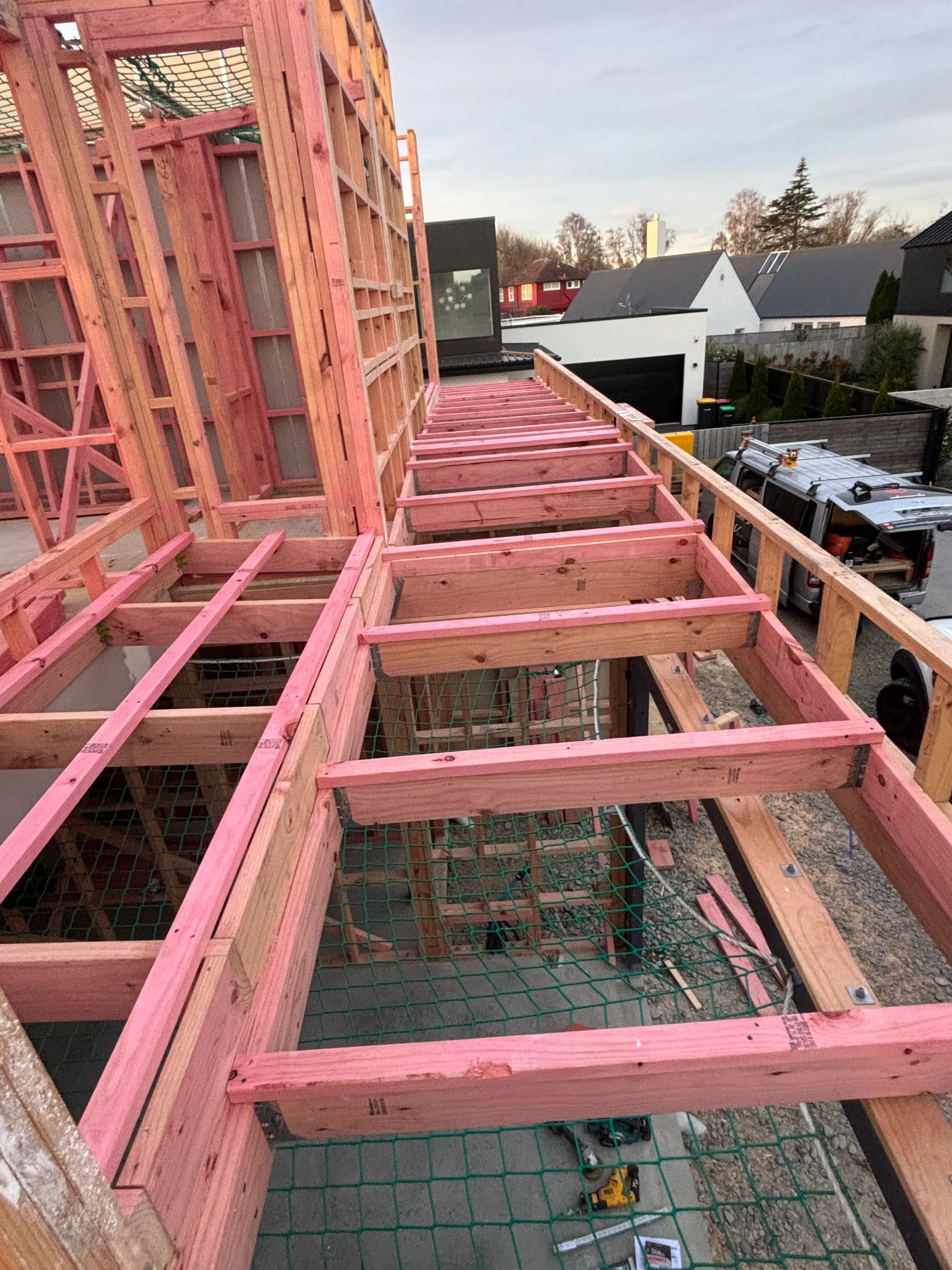 Elevated floor framing on a new build in central Christchurch