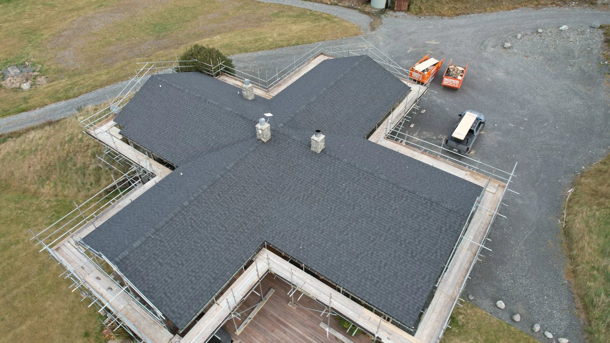 Aerial view of a completed shingle roof install in Christchurch