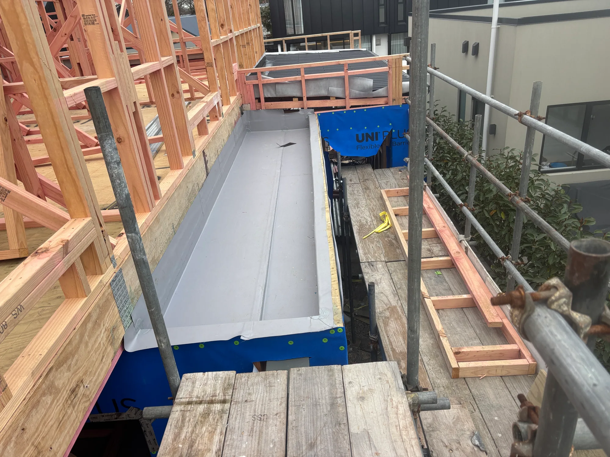 Roof membrane and flashing detail on a Christchurch new build